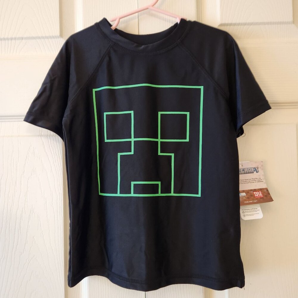 Minecraft Kids Creeper Graphic Swim Shirt T-Shirt UPF 50+ Black & Green Size S